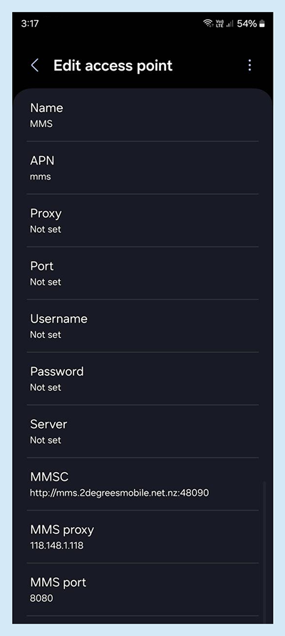Screenshot of the Samsung MMS APN settings